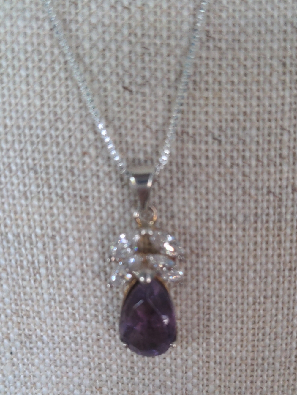 New QVC Amethyst & CZ sterling pendant, 20" long 925 box chain. Gift Box